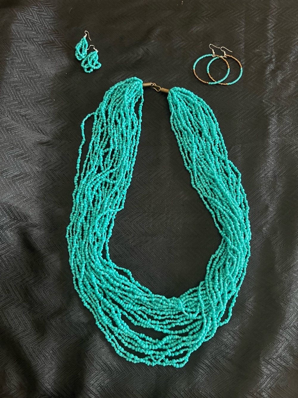 Turquoise Multi-Strand Seed Bead Necklace and Earrings set- Women Jewelry